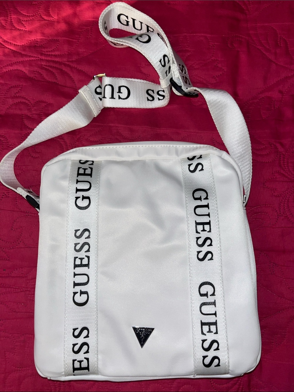 GUESS White Logo-Striped Messenger Bag